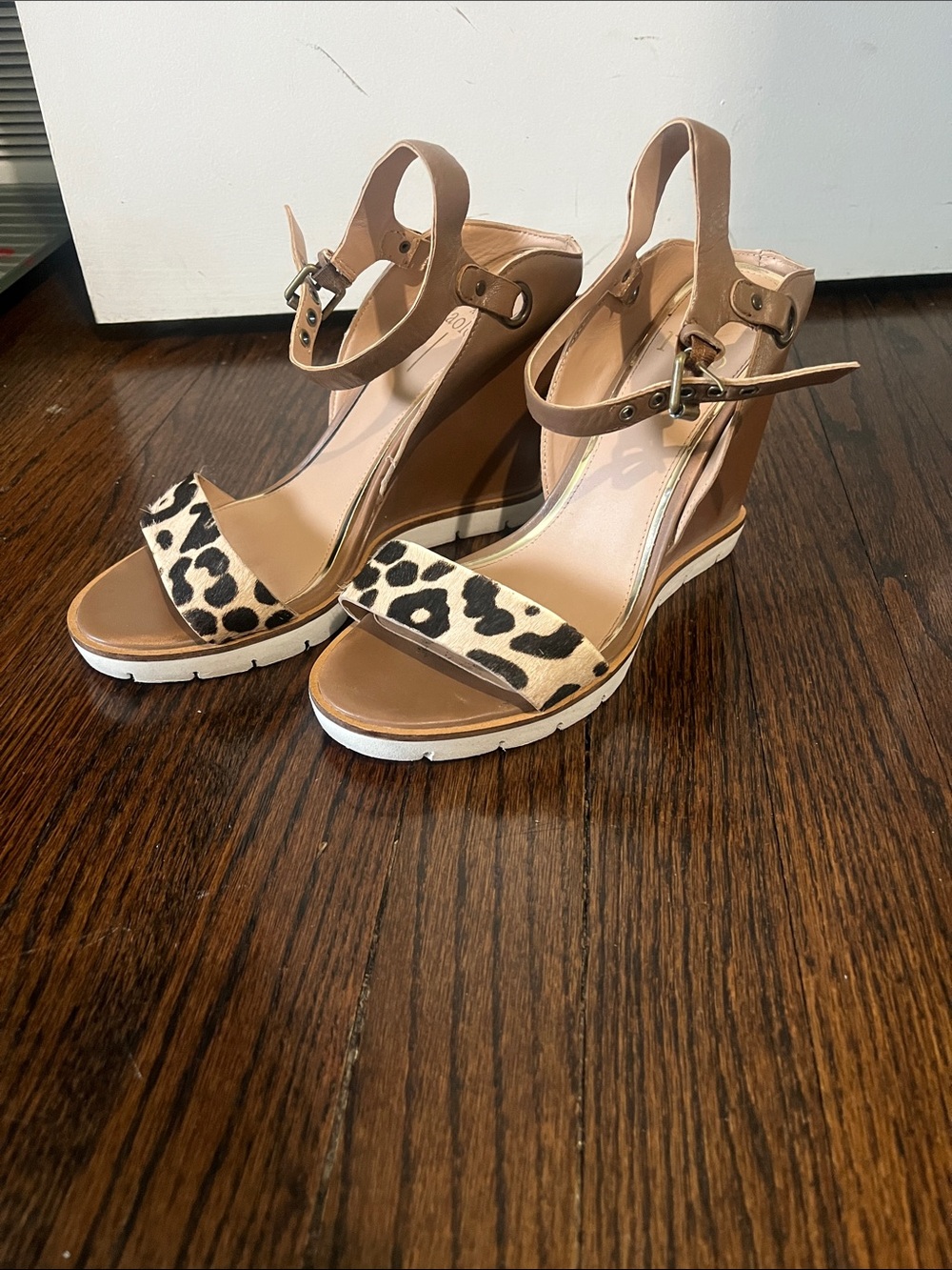 Paolo Tan Wedge Sandals with Leopard Toe Strap